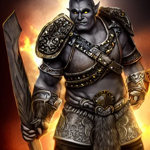 Image similar to full body portrait of half orc cleric, dungeons and dragons, male, wearing eye shadow, ornate armor, shallow depth of field, highly detailed, photograph, volumetric lighting, dynamic pose