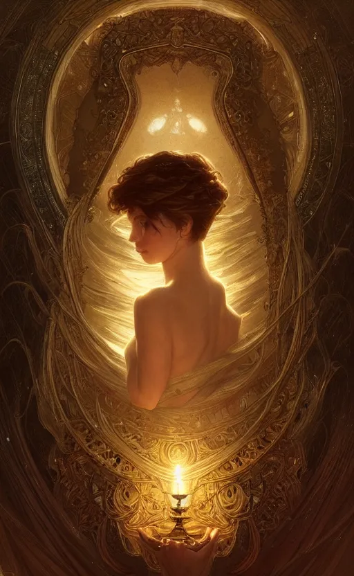 Image similar to loneliness, masterpiece close to a candle in dark room, cinematic, powerful, moon beams dramatic light, highly, intricate gold elements, hollow souls, detailed, digital painting, artstation, concept art, sharp focus, illustration, art by artgerm and greg rutkowski and alphonse mucha