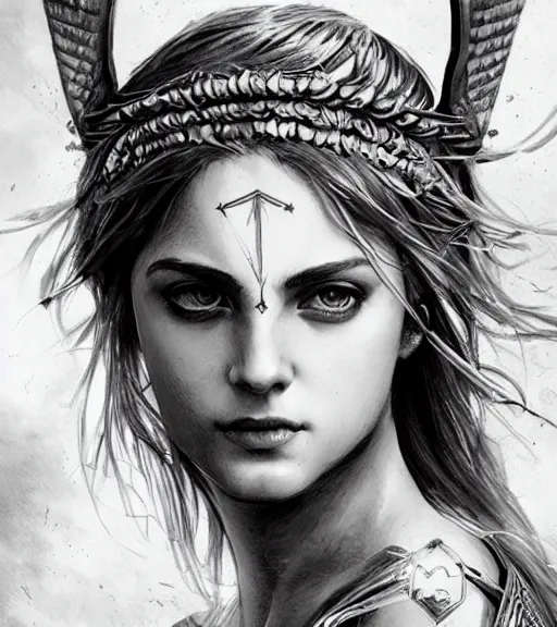 Image similar to beautiful aphrodite goddess wearing an arrow on her head, realistic face, beautiful eyes, black and white drawing, in the style of greg rutkowski, fantasy, amazing detail, epic, intricate, elegant, smooth, sharp focus