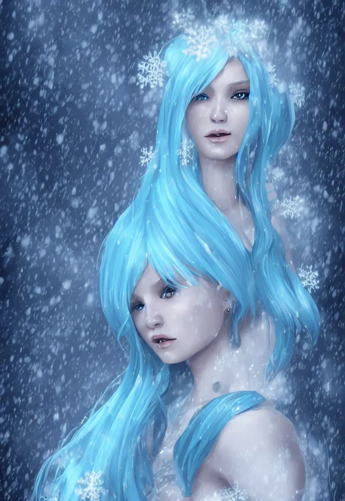 Image similar to a stunningly beautiful woman with pale blue hair wearing a dress made out of snowflake in the middle of a snowstorm. award - winning digital art, trending on artstation