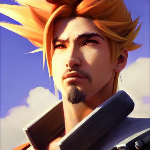 Image similar to Greg Manchess portrait painting o Cloud Strife as Overwatch character, medium shot, asymmetrical, profile picture, Organic Painting, sunny day, Matte Painting, bold shapes, hard edges, street art, trending on artstation, by Huang Guangjian and Gil Elvgren and Sachin Teng