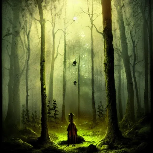 Prompt: a dark forest with a light shining through the trees, a matte painting by Alexander Jansson, deviantart, gothic art, matte painting, atmospheric, mystical