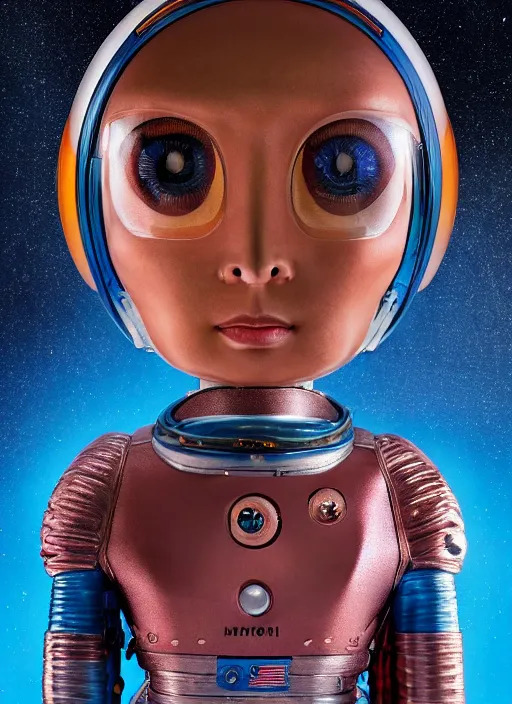 Image similar to closeup portrait of tin toy askimo spacegirl in a spaceship on mars, depth of field, zeiss lens, detailed, symmetrical, centered, fashion photoshoot, by nicoletta ceccoli, mark ryden, lostfish, breathtaking, 8 k resolution, extremely detailed, beautiful, establishing shot, artistic, hyperrealistic, octane render