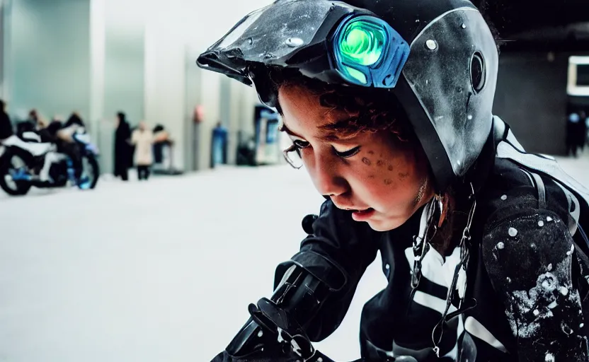 Image similar to cinestill 5 0 d candid photographic portrait by helen levitt of a mixed teen cyborg wearing rugged black mesh techwear riding on a dirtbike through an airport, extreme closeup, modern cyberpunk moody emotional cinematic, snow storm, 8 k, hd, high resolution, 3 5 mm, f / 3 2, ultra realistic faces, ex machina