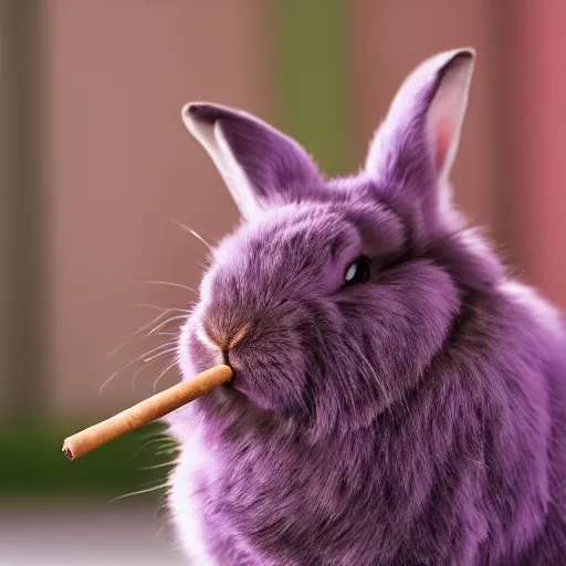 Image similar to professional photography of a violet rabbit smoking a cigar