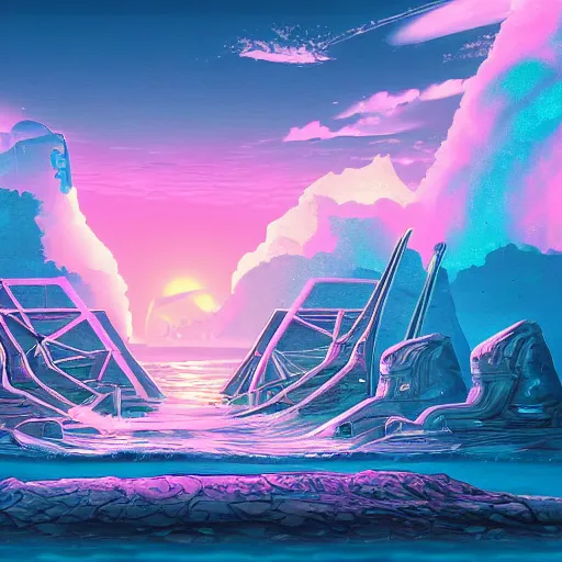 Image similar to ancient atlantis, retrowave epic art, trending on art station