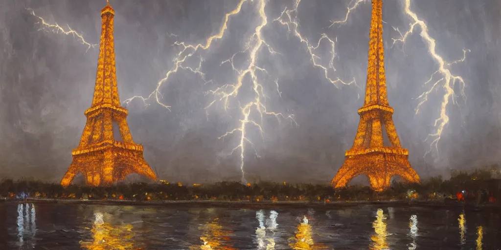 Image similar to lightning striking the Eiffel tower , cinematic lighting, detailed oil painting, hyperrealistic, 8k