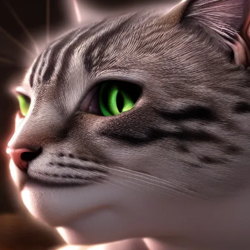 Prompt: photorealistic cat with reptilian features. hyperdetailed photorealism, 1 0 8 megapixels, amazing depth, high resolution, 3 d shading, 3 d finalrender, 3 d cinematic lighting, glowing rich colors, psychedelic overtones, artstation concept art.