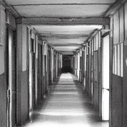 Image similar to In the bottom left corner of the picture of the long corridor, a woman's shoulder may be seen with her back to you. There is a shadowy figure down the corridor.