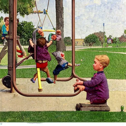 Image similar to child at a playground on an iphone, by norman rockwell