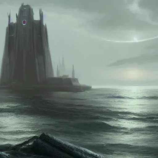 Image similar to star wars concept art by greg rutkowski, a palatial and imposing grey wide tower emerging from the sea in the middle of a ocean landscape, enigmatic atmosphere, beautiful and cinematic lighting, artstation hq.