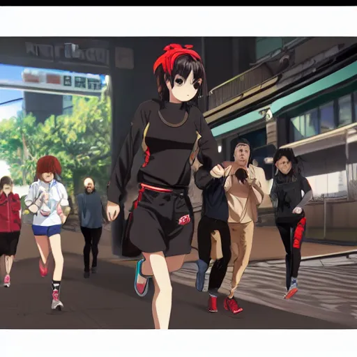 Prompt: anime style, gta 5, girl is running looking at spectator, red sport clothing, marathon race, brown short hair, hair down, symmetrical facial features, from arknights, hyper realistic, rule of thirds, extreme detail, detailed 4 k drawing, safebooru, realistic lighting, by alphonse mucha, greg rutkowski, sharp focus, backlit
