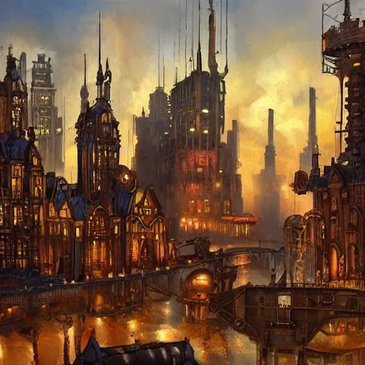 Image similar to a steampunk city in the style of James gurney, famous oil painting, award winning