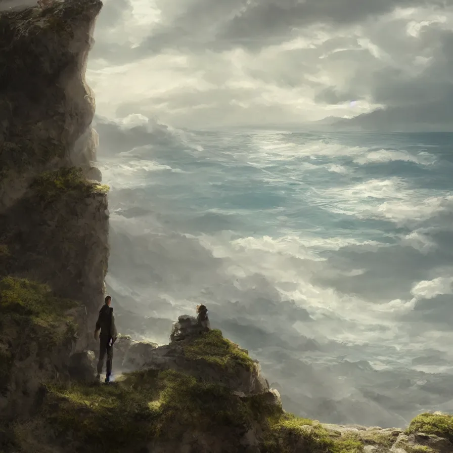 Prompt: Image from afar, man looking from the top of a large rock cliff, the sea hits the large stones hard, the clouds let through subtle rays of light, ilustration, concept art, sharp focus, ArtStation and deviantart