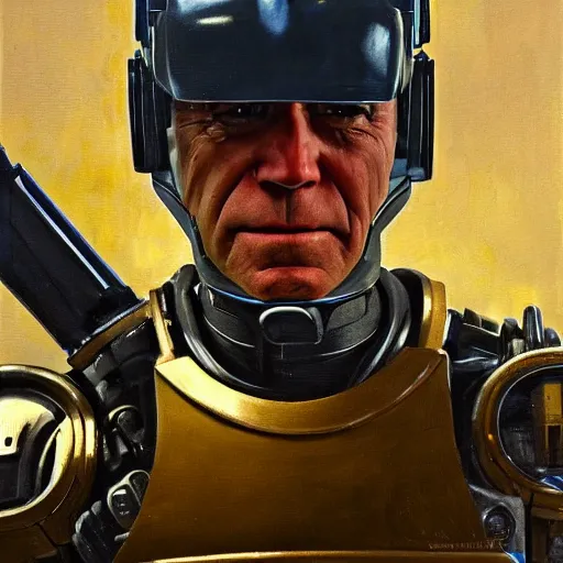 Image similar to joe biden as robocop, realistic oil painting, style of norman rockwell, 8 k, super sharp, ultra detail, rule of thirds,