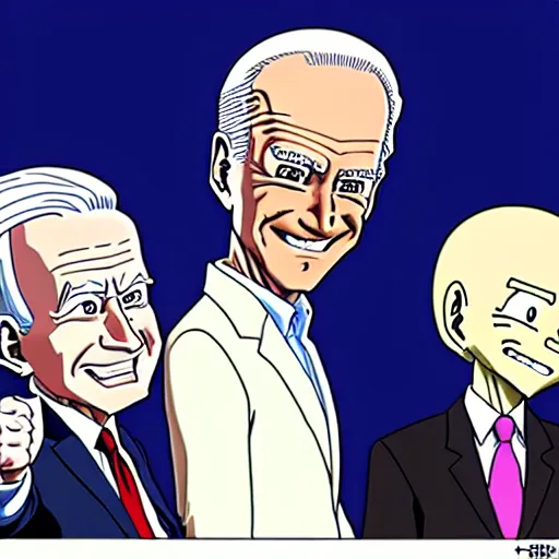 Prompt: : president biden and freeza, anime cartoon style, crunchy roll, dragonball z