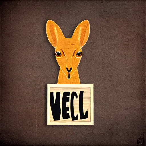 Prompt: a kangaroo holding a sign made out of steel with the word [ welcome ] carved on it, digital art