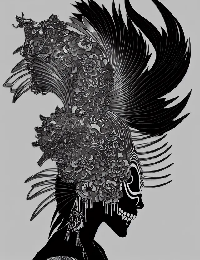 Image similar to 3 d goddess close - up profile simple portrait punk skull with mohawk with ram skull. beautiful intricately detailed japanese crow kitsune mask and clasical japanese kimono. betta fish, jellyfish phoenix, bio luminescent, plasma, ice, water, wind, creature, artwork by tooth wu and wlop and beeple and greg rutkowski