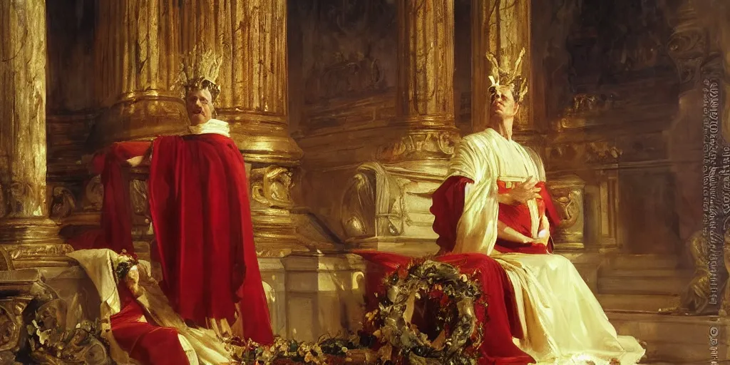 Image similar to beautiful oil painting, steve buscemi in royal crimson robes enthroned as the god emperor of ancient rome a golden wreath upon his head, by anders zorn, wonderful masterpiece by greg rutkowski, beautiful cinematic light, american romanticism, by thomas lawrence, greg rutkowski