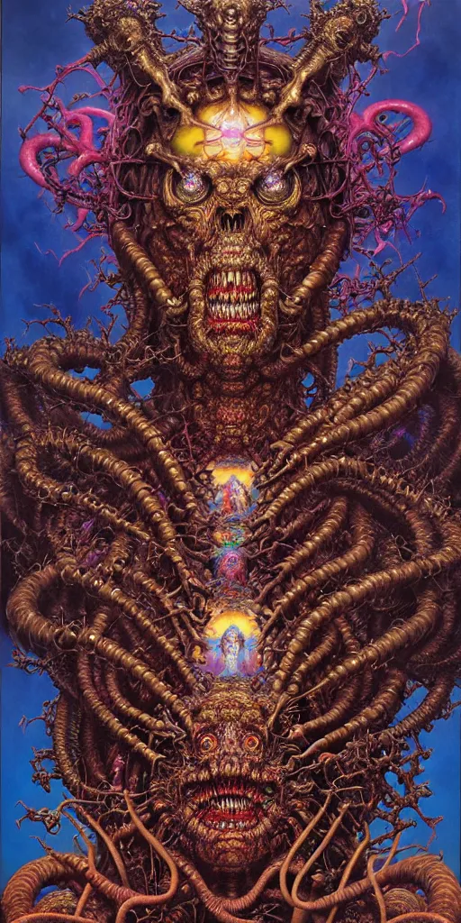 Prompt: realistic detailed image of Technological Nightmare Abomination Monster God by Lisa Frank, Ayami Kojima, Amano, Karol Bak, Greg Hildebrandt, and Mark Brooks, Neo-Gothic, gothic, rich deep colors. Beksinski painting, part by Adrian Ghenie and Gerhard Richter. art by Takato Yamamoto. masterpiece, religious art, New York Times