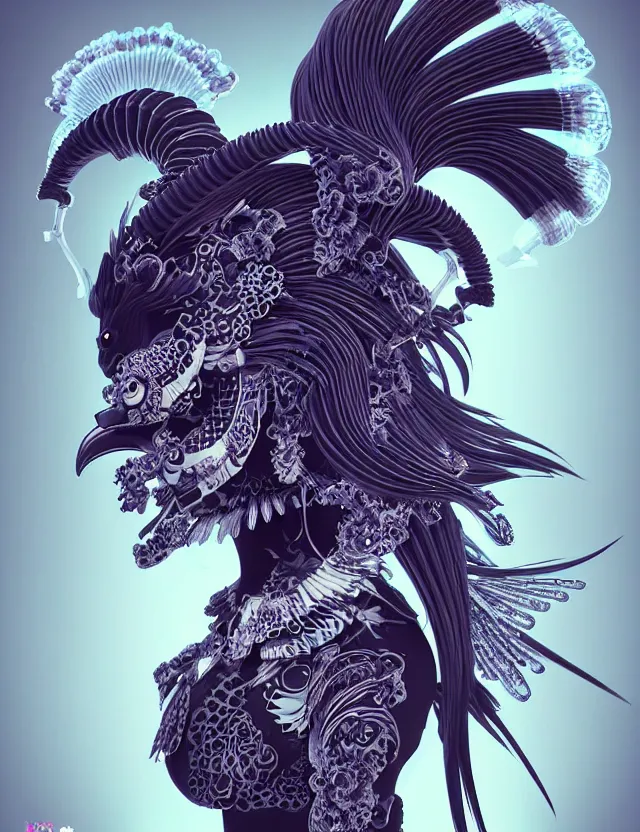 Image similar to 3 d goddess close - up profile portrait punk with mohawk with ram skull. beautiful intricately detailed japanese crow kitsune mask and clasical japanese kimono. betta fish, jellyfish phoenix, bio luminescent, plasma, ice, water, wind, creature, artwork by tooth wu and wlop and beeple and greg rutkowski