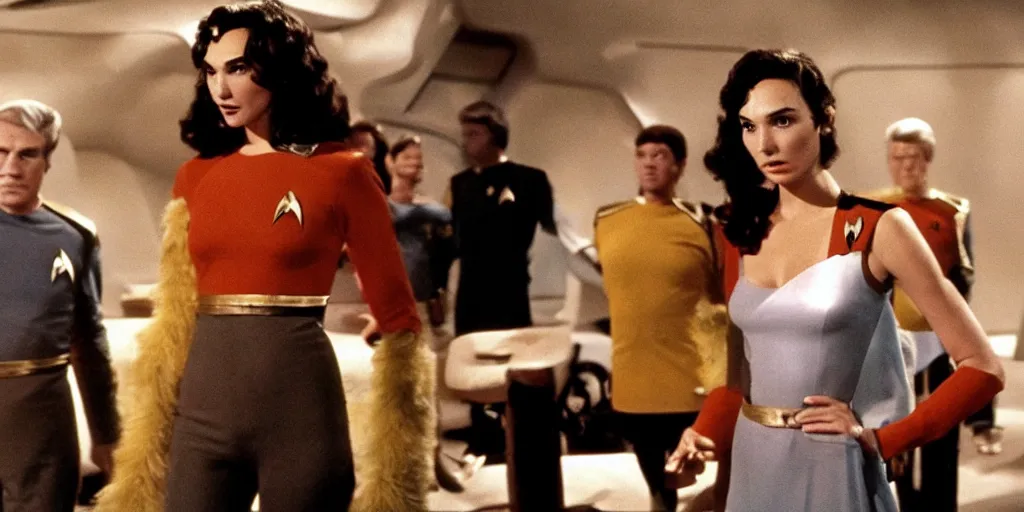 Image similar to a scene from Trouble with Tribbles, an episode of the original Star Trek series, with Gal Gadot, in Starfleet uniform, in the role of Captain Kirk