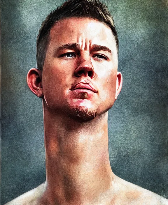 Prompt: portrait of channing tatum as an ohio farm boy, art by denys tsiperko and bogdan rezunenko and franz xaver kosler, hyperrealism