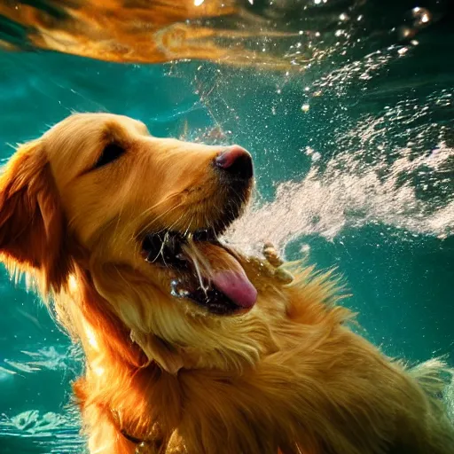 Prompt: underwater, close-up, portrait of a golden retriever trying to catch a tennis ball; day time; flash photography