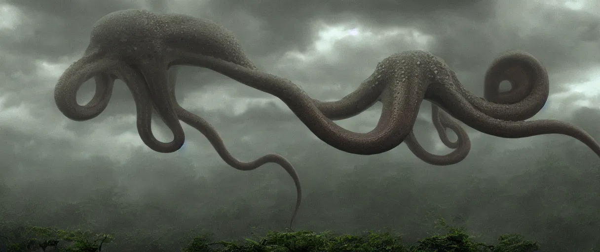 Image similar to a giant octopus tentacl hanging from the clouds over a rain forest, still from the movie the arrival, 8k