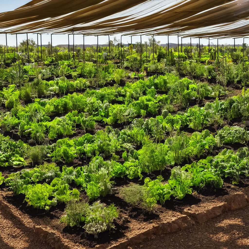 Image similar to permaculture biosphere, closed ecosystem, racks of vegetables propagated under shadecloth, in the middle of the desert, with a miniature indoor lake, XF IQ4, 150MP, 50mm, F1.4, ISO 200, 1/160s, natural light at sunset with outdoor led strip lighting