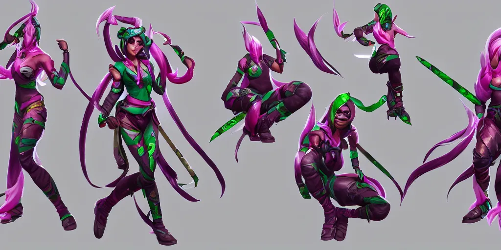 Prompt: 360 degree character sheet of Arcade Akali (wild rift). 3d render, octane render, realistic, highly detailed, trending on artstation