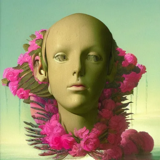 Image similar to a surreal vaporwave vaporwave vaporwave vaporwave vaporwave painting by Thomas Cole of an old pink mannequin head with flowers growing out, sinking underwater, highly detailed