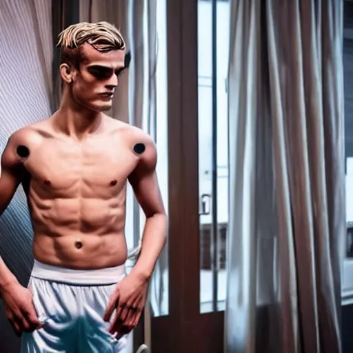 Image similar to a realistic detailed photo of a guy who is an attractive humanoid who is half robot and half humanoid, who is a male android, soccer player antoine griezmann, shiny skin, posing like a statue, blank stare, in a living room, on display, showing off his muscles