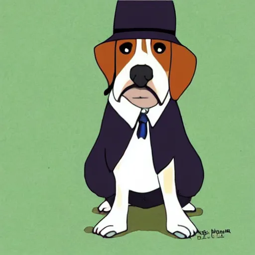 Image similar to a beagle wearing a business suit and fedora, studio ghibli