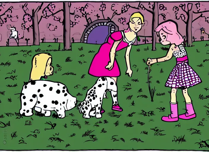 Prompt: punk girl and duchess with a dalmatian piglet in a park. comic style