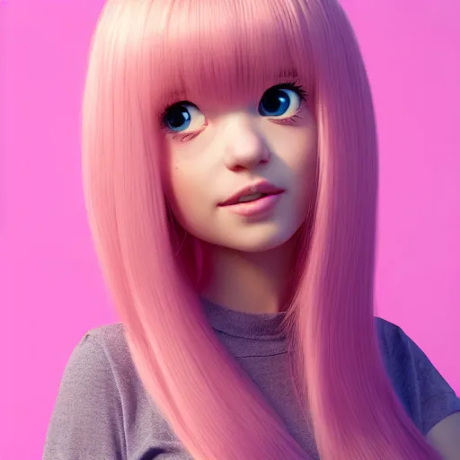 Image similar to A portrait of Nikki from Shining Nikki and Love, a cute 3d cgi toon young woman with long light pink hair, full bangs, hazel eyes, full face, light makeup, pale skin, Chinese heritage, cute outfit, medium shot, mid-shot, hyperdetailed, 8k, trending on artstation, as a Pixar character