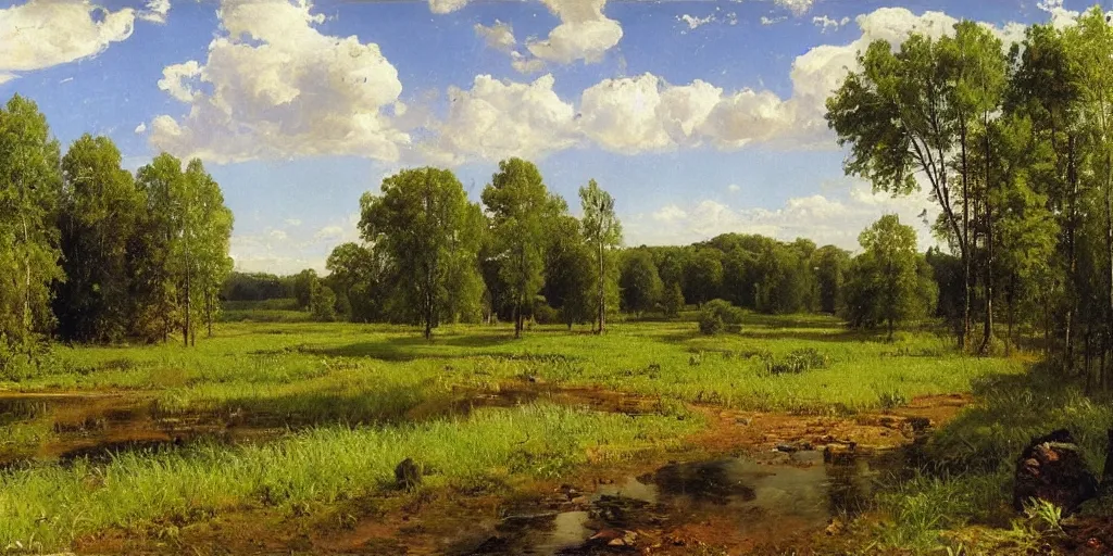 Prompt: summer landscape, blooming lush field, forest, river, matte painting, by Isaac Levitan and Vasily Perov