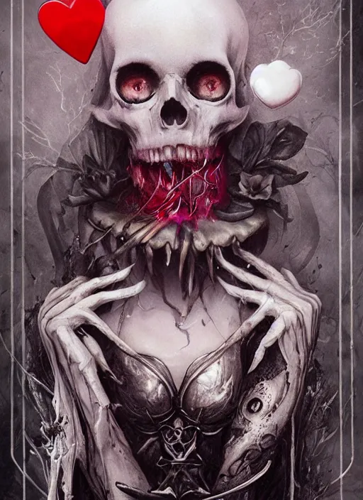 Image similar to Hungry Queen of Hearts with White Rabbit, Death Tarot card,highly detailed,half skull face,cinematic,8k,by Stanley Artgermm,Tom Bagshaw,Greg Rutkowski,Carne Griffiths, Ayami Kojima, Beksinski, Giger,trending on DeviantArt,hyper detailed,horror, full of colour