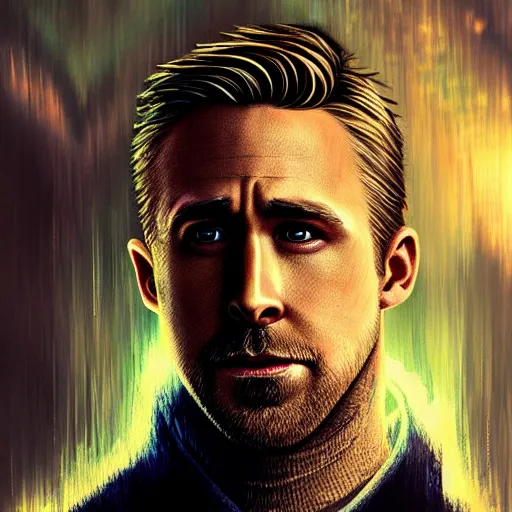 Image similar to ryan gosling portrait, dystopia core, apocalyptic, armor, warrior, dramatic, sharp focus, fiction, neon, fantasy, hyper detailed, digital art, trending in artstation, cinematic lighting, studio quality, smooth render, unreal engine 5 rendered, octane rendered, art style and nixeu and wlop and krenz cushart