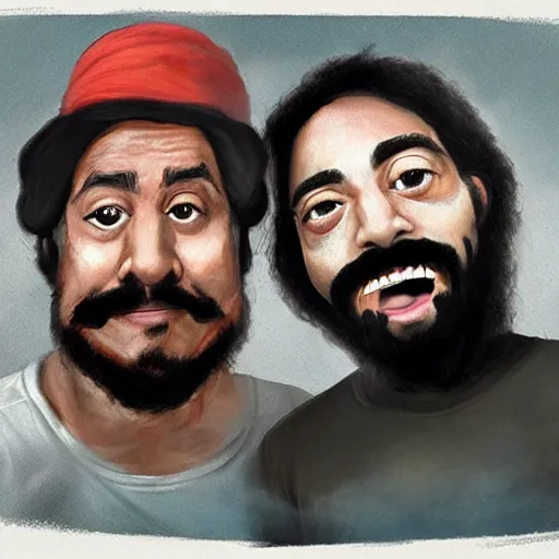 Image similar to portrait of cheech and chong, concept art, artstation, highly detailed, smoke background,