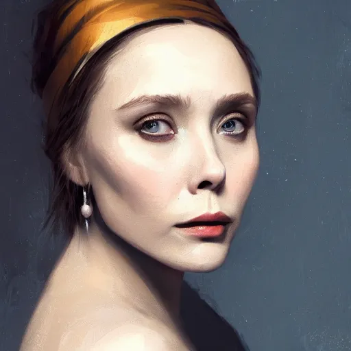 Image similar to Elizabeth Olsen with a pearl earring illustrated by Greg Rutkowski, 4k, 8k, trending on artstation