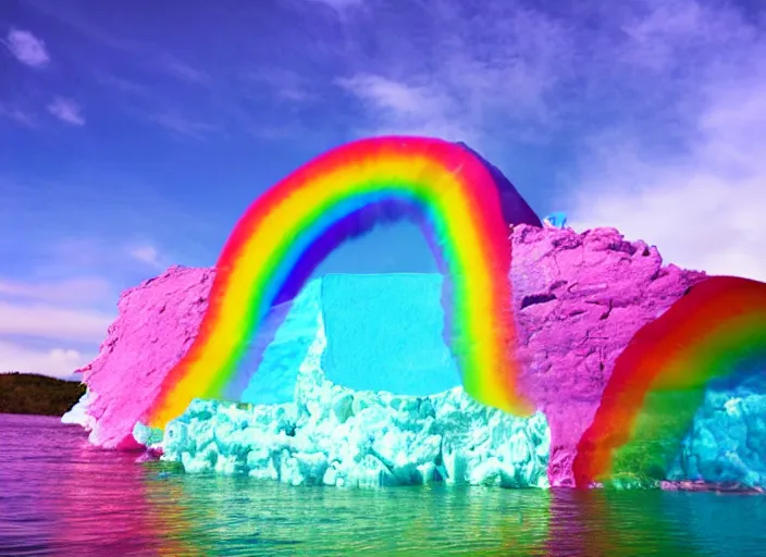 Prompt: photo iceberg with rainbow color paint