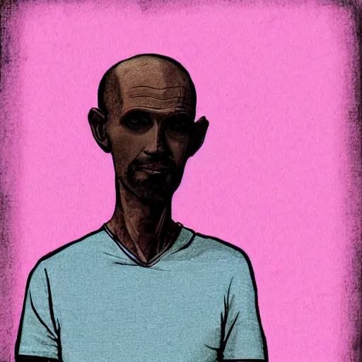 Prompt: bald skinny man in a pink t - shirt and pink pants, digital art