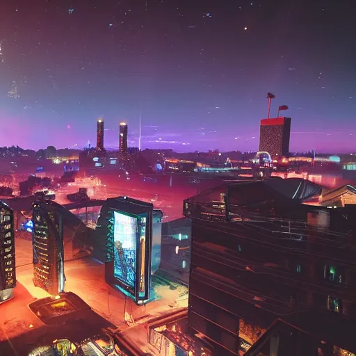 Prompt: christchurch city at night, cyberpunk 2 0 7 7, stars bright in the night sky,