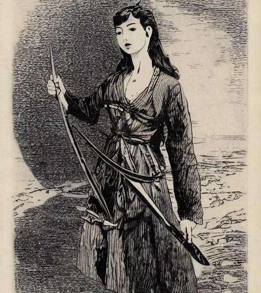 Prompt: 19th century wood-engraving of Ryūko Matoi cosplayer holding Scissor Blade, whole page illustration from Jules Verne book, art by Édouard Riou Jules Férat and Henri de Montaut, frontal portrait, high quality, beautiful, removed watermarks