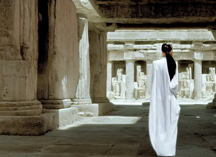 Prompt: epic portrait screenshot of princess Leia in thin white robe, approaching an ancient temple in the distance, iconic scene from the 1980s film directed by Stanley Kubrick, cinematic lighting, kodak film stock, strange, hyper real, stunning moody cinematography, with anamorphic lenses, crisp, detailed portrait, 4k image