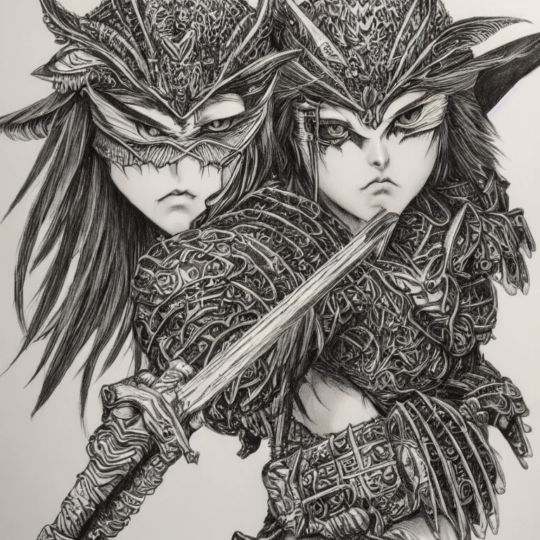 Prompt: female owl warrior, realistic proportions, sharp focus, beautiful face, in feather armor, wielding an owl axe, symmetrical, highly detailed, engraving kentaro miura manga art style trending on artstation 8 k