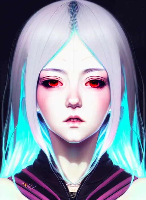 Image similar to portrait Anime girl cyberpunk, cute-fine-face, white-hair pretty face, realistic shaded Perfect face, fine details. Anime, cyberpunk. realistic shaded lighting by Ilya Kuvshinov and Gustav Klimt