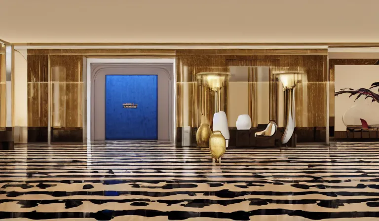 Image similar to a beautiful, sharp focus, clean lines. the interior of a vast 1 9 7 0 s luxury hotel lobby. leopard print. vaporwave ombre rendering. outrun style. trending on artstation. recommended for you behance. wes anderson colors. by chris moore. by edward hopper. ambient occlusion. digital matte painting. metropolis filmic. gotham city.