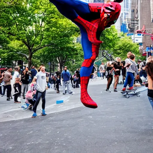 Prompt: spider - man performs a perfect kick flip on his skateboard in new york city whilst a crowd watches, beautiful photograph